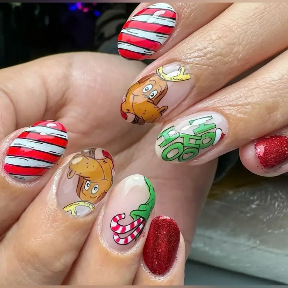 🎄 24 Pieces How The Grinch Stole Christmas Max Candy Cane Press-on Nails